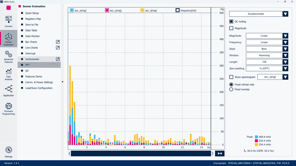 Figure 2: MEMS Studio - Sensor Evaluation, FFT