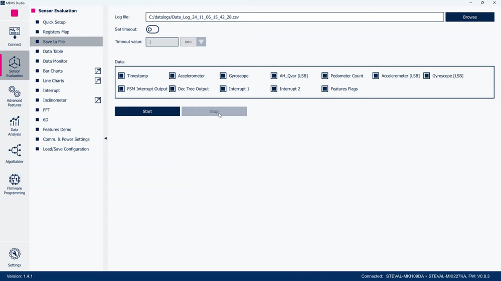 Figure 11: MEMS Studio - Sensor Evaluation, Save to File