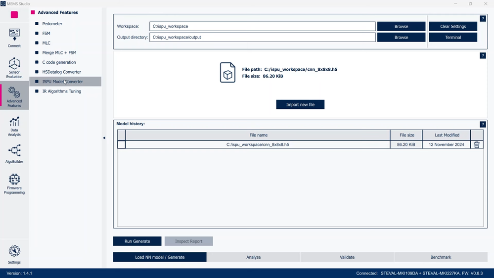 Figure 18: MEMS Studio - Advanced Features, ISPU Model Converter, NN model