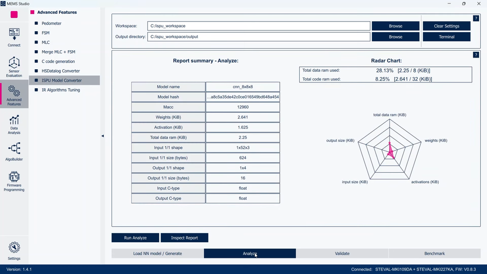 Figure 19: MEMS Studio - Advanced Features, ISPU Model Converter, Radar Chart