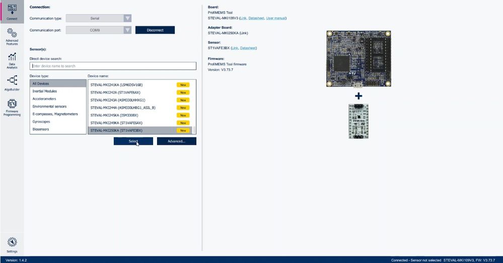 Figure 4: Selecting the biosensor you are evaluating in MEMS Studio