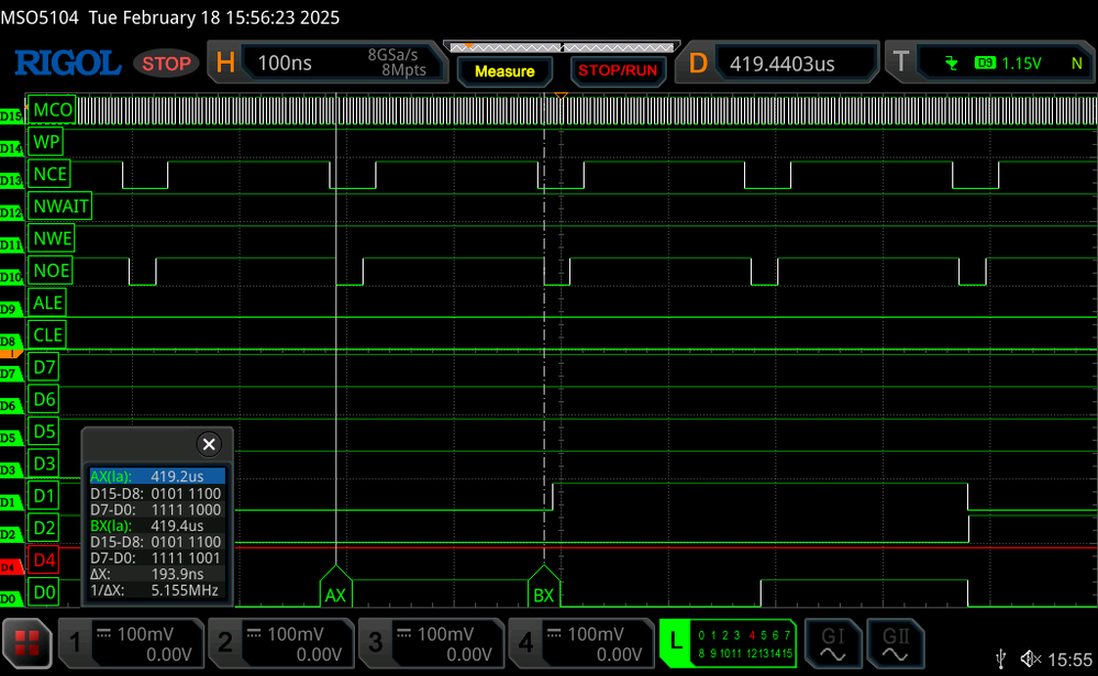 Zoomed in NAND Flash read, showing 200 ns in between reads