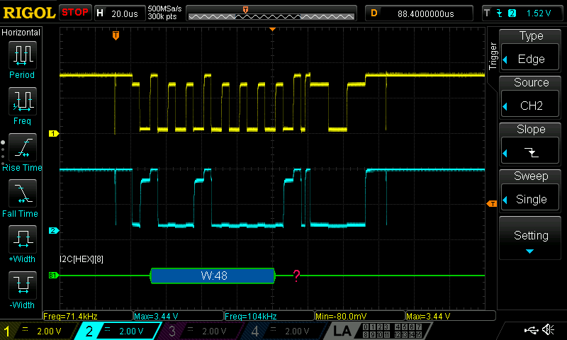 CubeOrange(Master), STM32F4(Slave), 1k8 Ohm internal pull-ups, R1 = inf Ohm, Rn = 1k8 Ohm