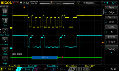 CubeOrange(Master), STM32F4(Slave), 1k8 Ohm internal pull-ups, R1 = inf Ohm, Rn = 1k8 Ohm