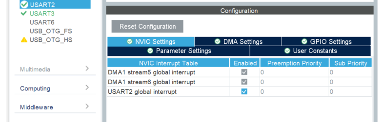 NVIC Settings
