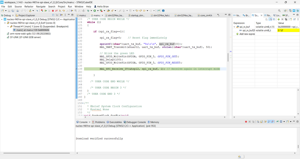 Breakpoint debugging and spi_rx_buf whose value is changing from 0xAA to 0x00