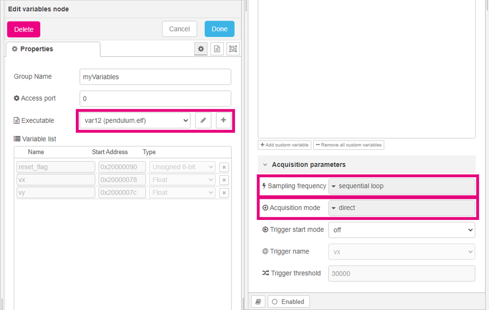Fig. 5: Variables node setup
