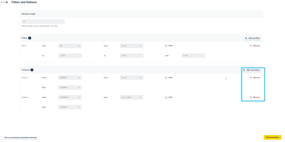 Figure 3. Features can be added with Add new feature button and deleted with Remove button for respective feature