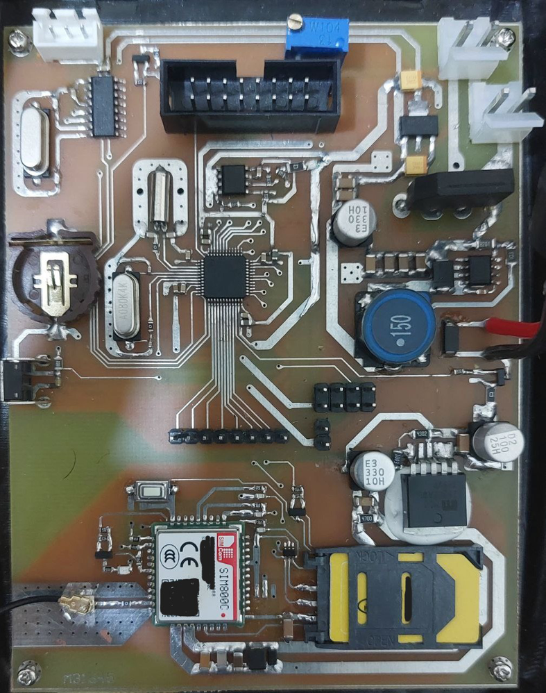 Custom-designed PCB featuring an STM32 microcontroller and SIM800C GSM module