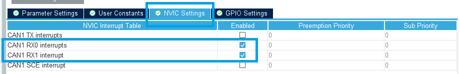 Figure 9. Enabling CAN NVIC interrupt lines for Rx