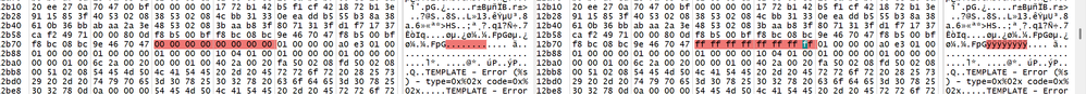 comparison between the compiled binary (left) and what is written in flash (right)
