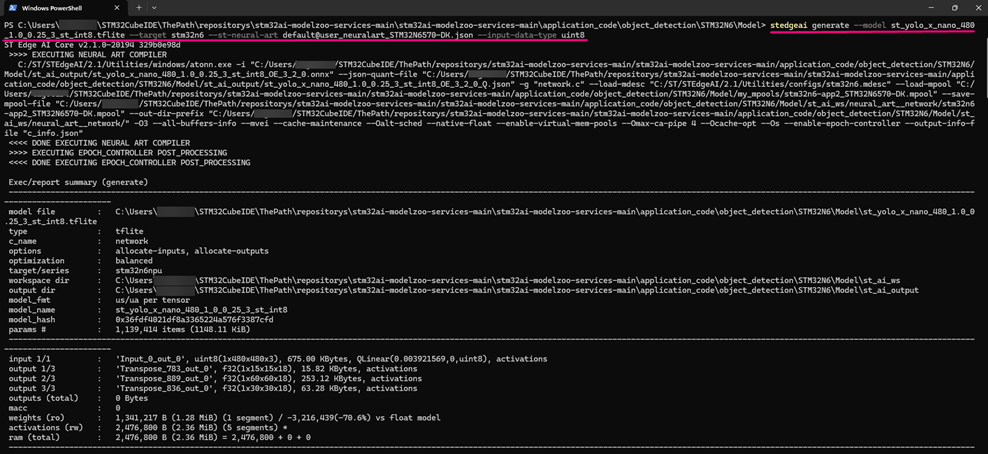 STEdgeAI command with the output