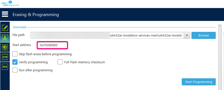Uploading the binary of the network on STM32CubeProgrammer