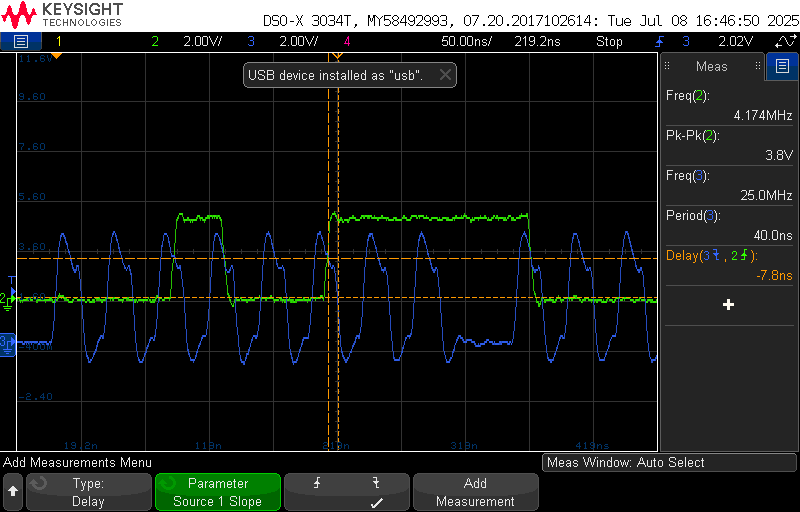 At 25 MHz: Green is MISO and blue is SCK