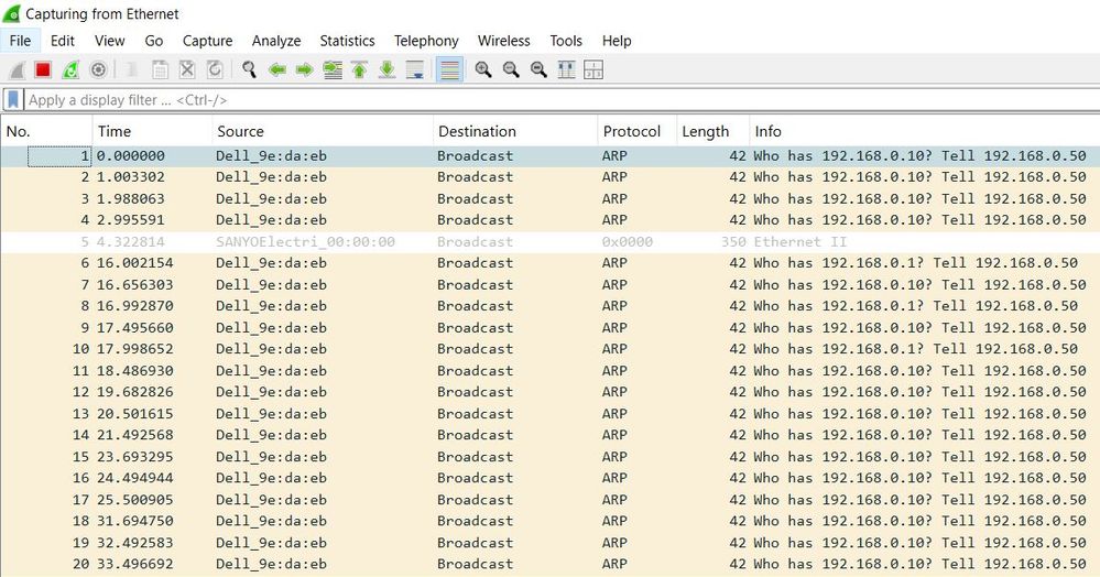 Wireshark packet while sending echo command from Laptop to the MCU