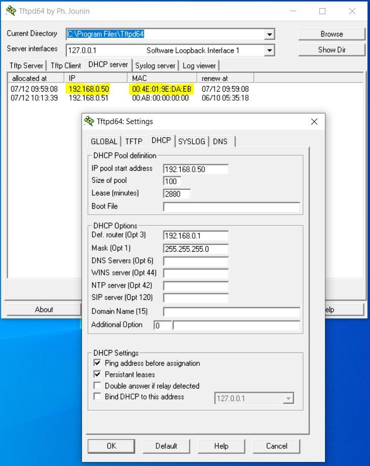 DHCP server - PC utility TFTPD32