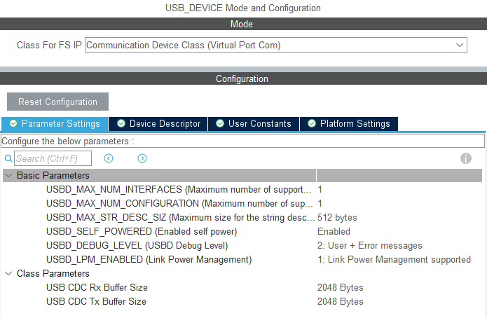Configuring USB_DEVICE for CDC