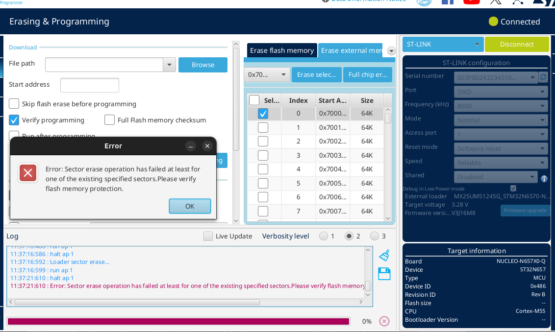 Solved: NUCLEO-N657X0-Q: Unable to erase flash