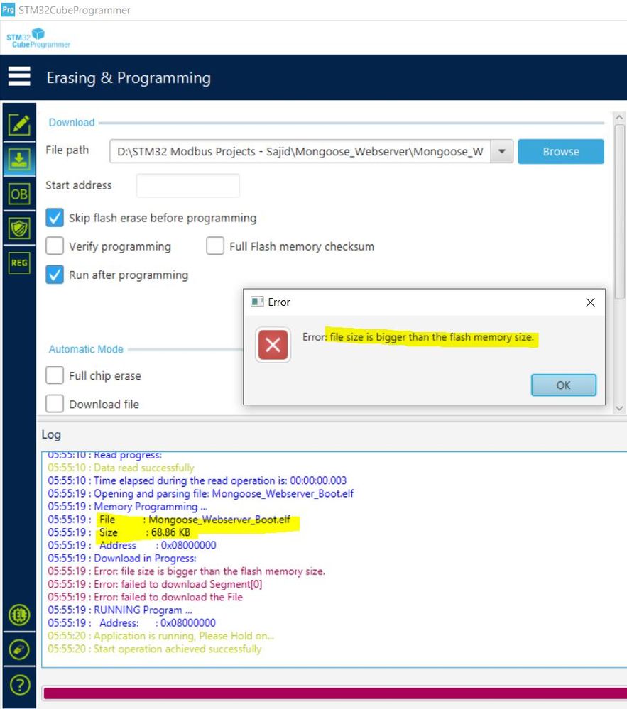 CubeProgrammer Load Error - .elf file