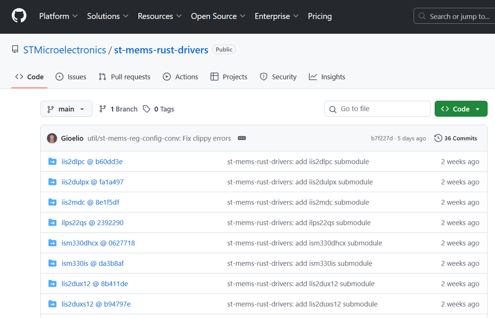 Figure 3: GitHub repository to provide platform-independent Rust drivers for MEMS sensors.