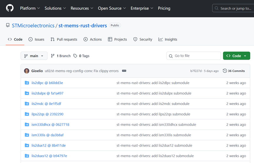 Figure 3: GitHub repository to provide platform-independent Rust drivers for MEMS sensors