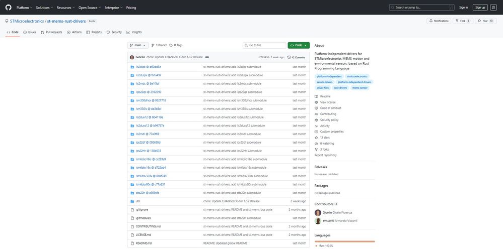 Figure 3: GitHub repository to provide platform-independent Rust drivers for MEMS sensors