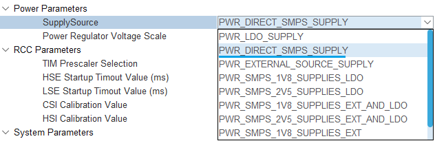 Figure 4. PWR_DIRECT_SMPS_SUPPLY is shown in STM32CubeMX