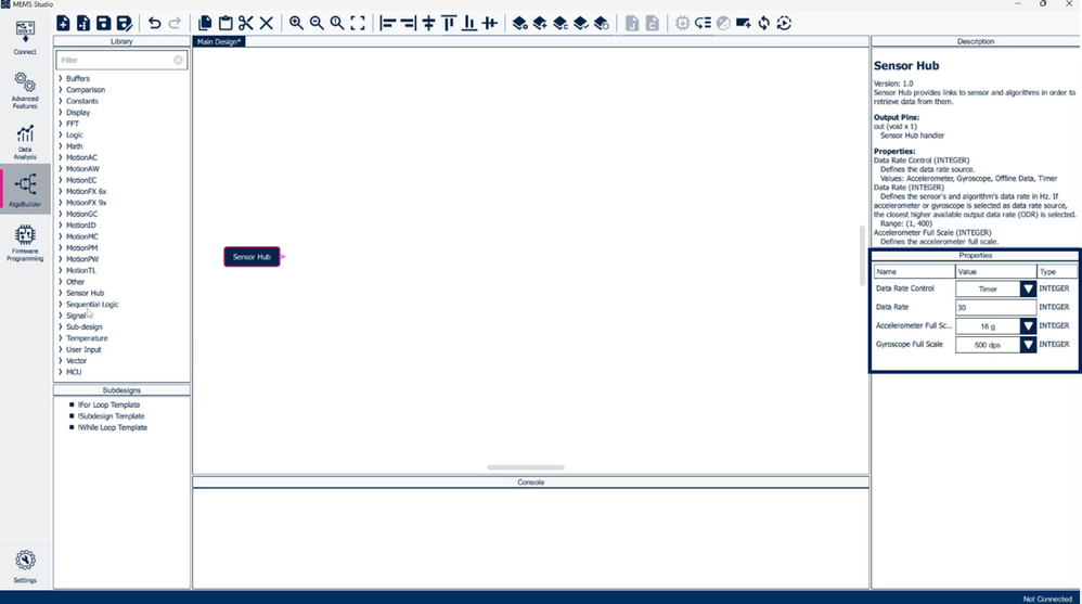 Figure 5: MEMS Studio - AlgoBuilder - Sensor Hub (properties)
