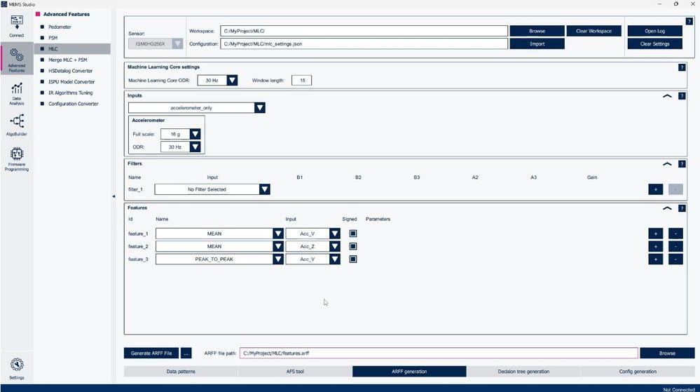Figure 10: MEMS Studio - Advanced Features - MLC - ARFF generation
