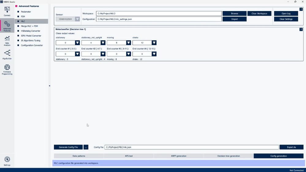 Figure 12: MEMS Studio - Advanced features - MLC - Config generation