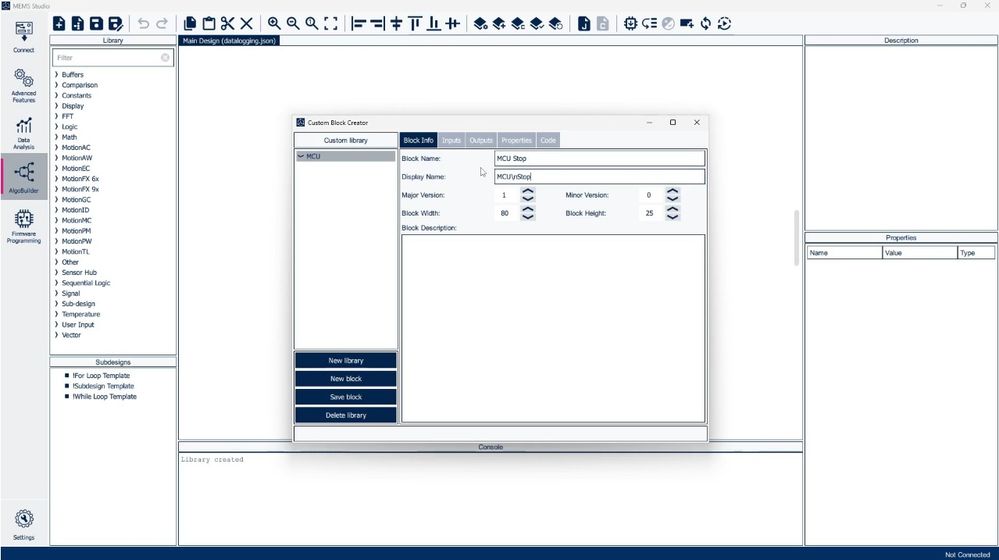 Figure 20: Create a “Custom library” called “MCU”, and inside it a custom block called “MCU Stop”