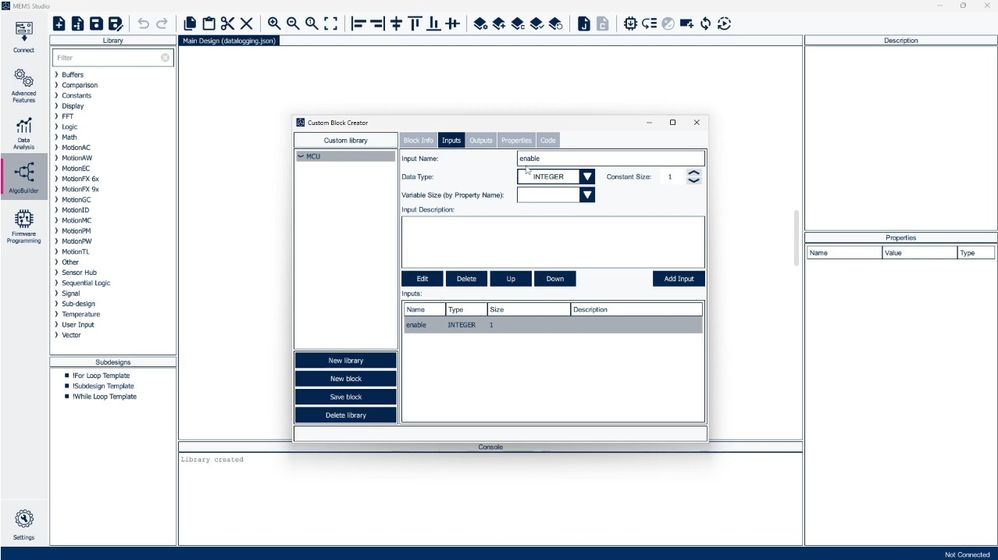 Figure 21: Set the required info, inputs, outputs, and the code to enable MCU stop block
