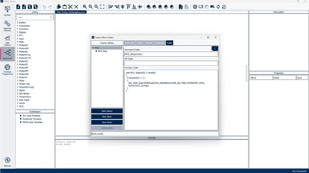 Figure 22: Simple C code can be put in the function block, to enable stop mode