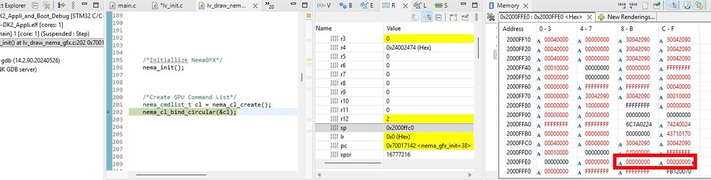 Stack after calling nema_cl_create. Return-adress: 0x00000000