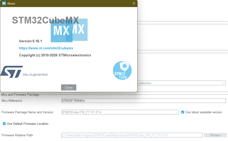 CubeMX 6.16.1, Firmware F7_V1.17.4