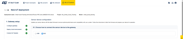 Figure 12: ST AIoT Craft – Choose how to connect the sensor device to the gateway
