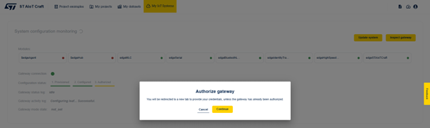 Figure 19: ST AIoT Craft – Authorize the gateway to connect to the ST AIoT Craft services