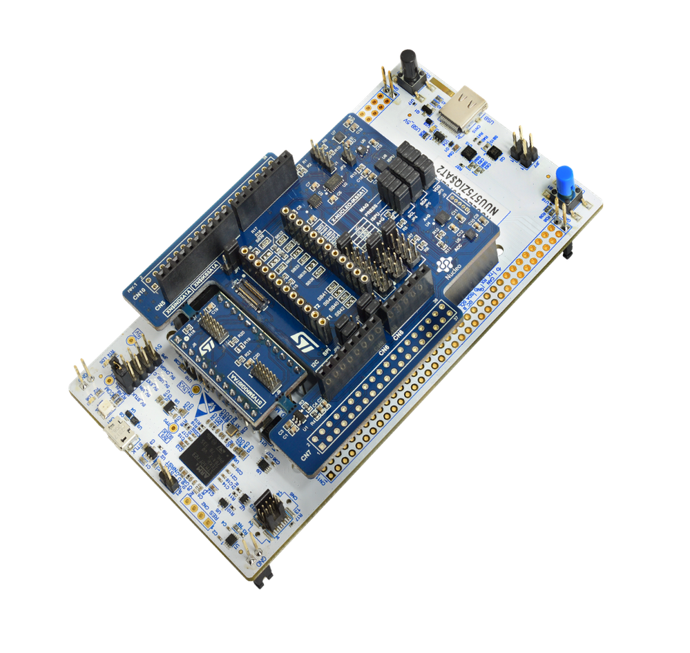 Figure 2: The new expansion board X-NUCLEO-IKS5A1, connected to NUCLEO-U575ZI-Q