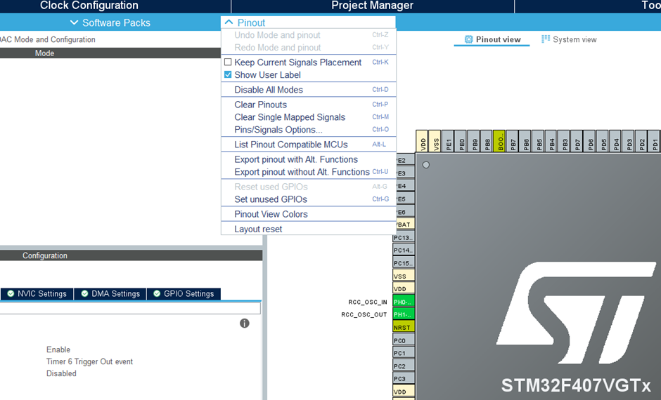 Figure 18: ioc configuration: Exporting pinout and alternative functions to a new STM32 series of choice. Using “List pinout compatible MCUs (Alt-L)”.