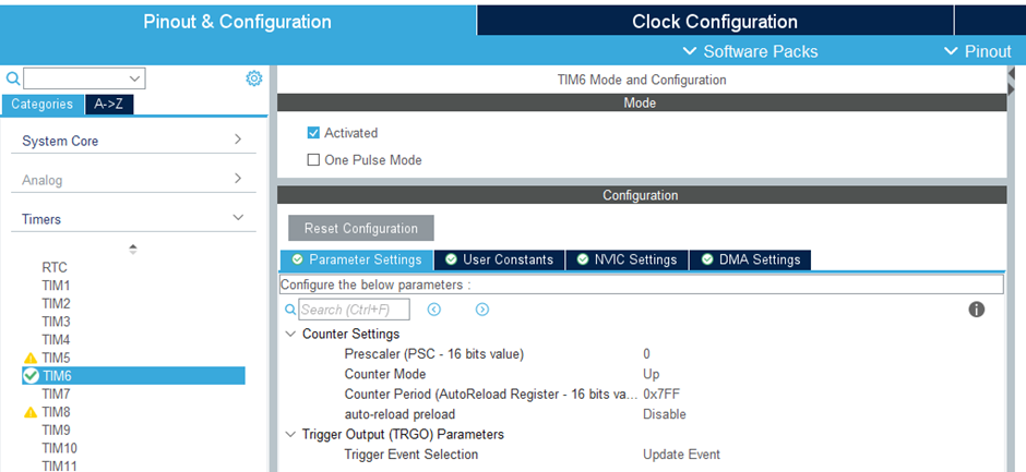 Figure 11: ioc configuration: timer 6 configuration.