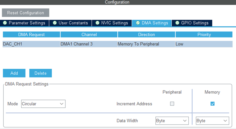 Figure 25: ioc configuration: setup DMA for memory to DAC peripheral transfers.