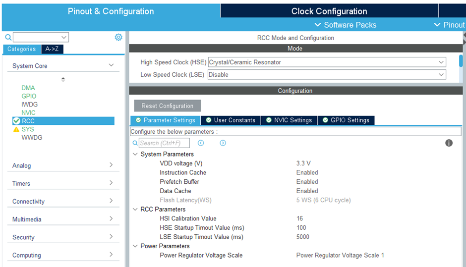 Figure 14: ioc configuration: Select HSE oscillator like original source code.