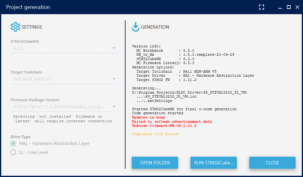 ST Motor Control Workbench can't generate example