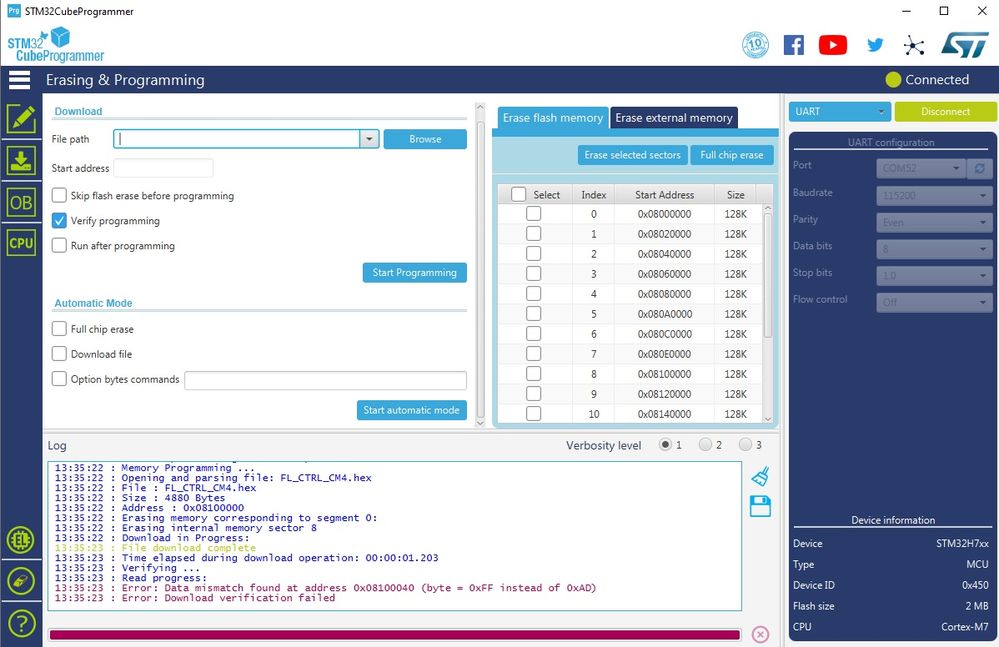 STM32CubeProgrammer “Error: Download Verification ...