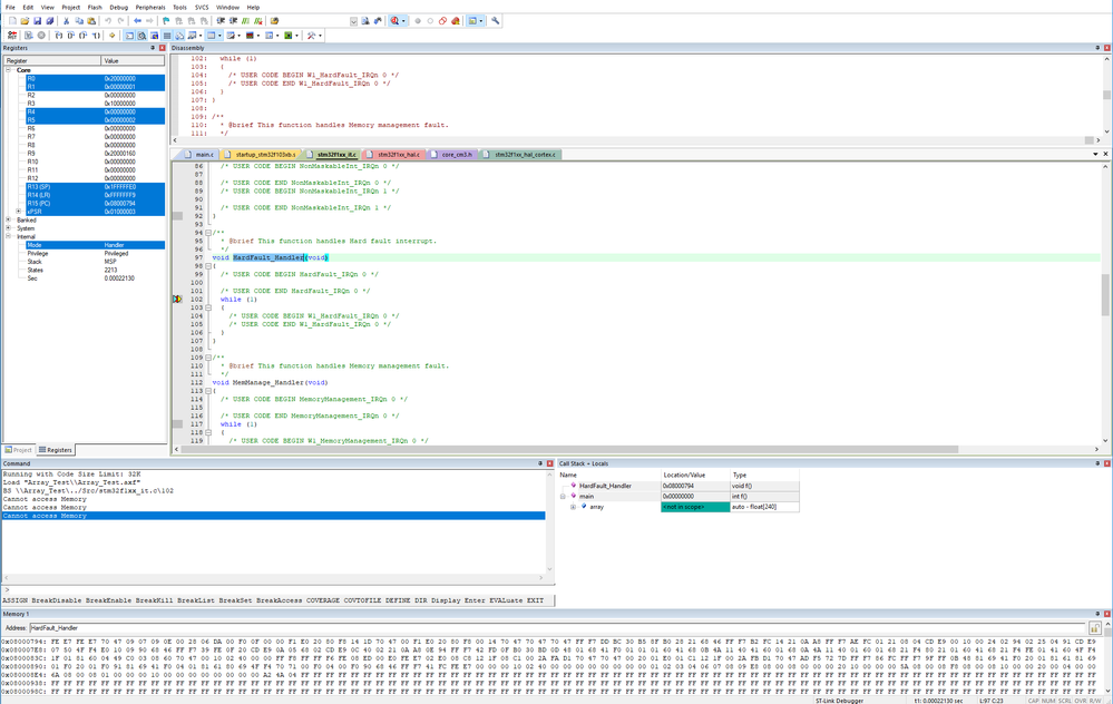 HardFault_Handler, Array Initialization (STM32f103 ...