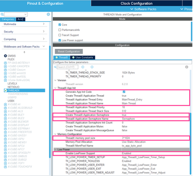 Figure 5: Enable and generate code for core THREADX services like semaphore, configure THREADX memory pool, enable low power support.