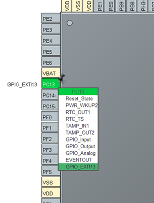 Figure 6: Setup pin PC13 as an externa/extended interrupt input pin, which is internally mapped to the blue user push button, as shown in the schematic of the Nucleo board.