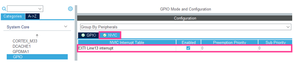Figure 7: Enable extended/external interrupt line 13 for the blue user button pressing interrupt detection.