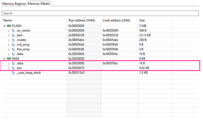 Figure 11: STM32CubeIDE Build Analyzer feature: initialized data segment (“.data”) and initialized data segment (“.bss”) is stored in SRAM2 page 1 (“RAM”).