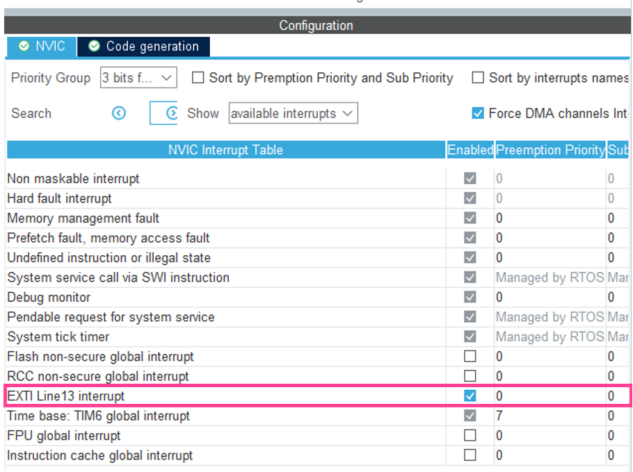 Figure 15: Overview of NVIC settings shown under “System Core” tab -> “NVIC”.